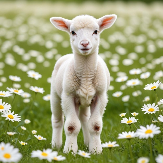 a baby lamb is standing in a field of daisies