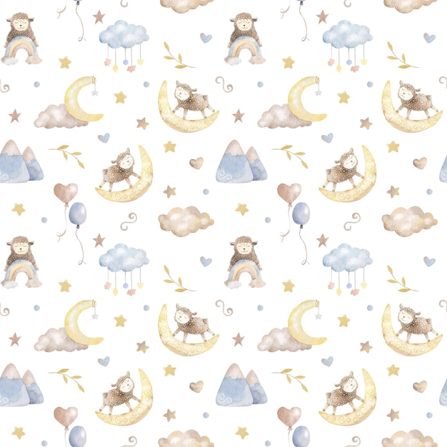 Baby lambs watercolor seamless pattern illustration with cute animals for nursery and baby