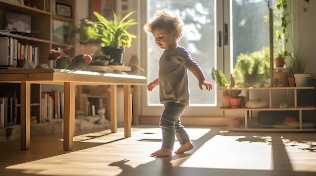 baby learning to walk in a sunny living room