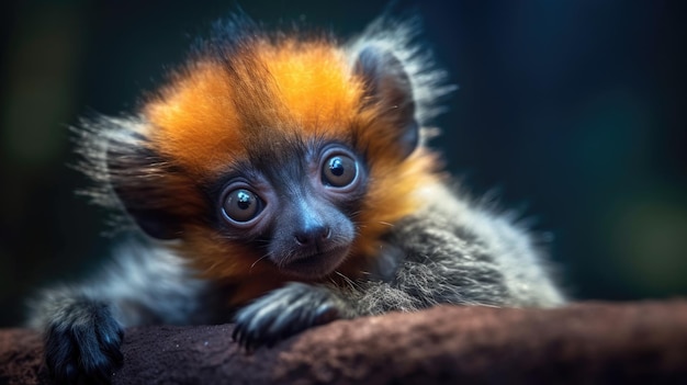 A baby lemur with a black and orange fur on its face.