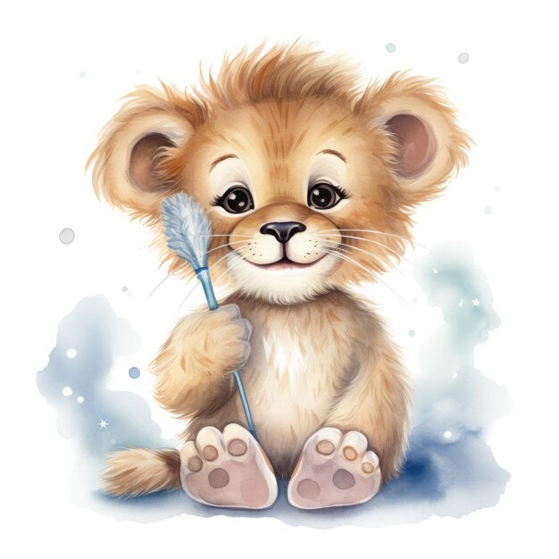 Baby lion bedtime wearing pajama and holding tooth brush Illustration Generative Ai