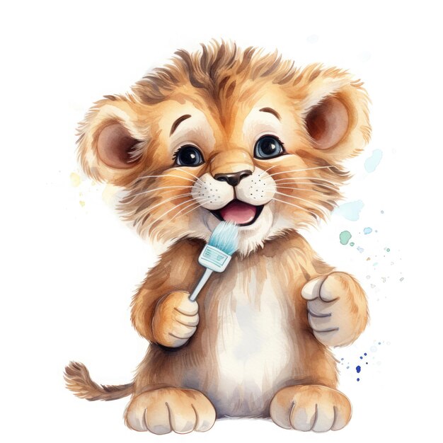 Baby lion bedtime wearing pajama and holding tooth brush Illustration Generative Ai