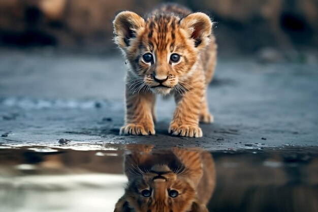 Baby Lion Reflection Puddle Run Generative AI