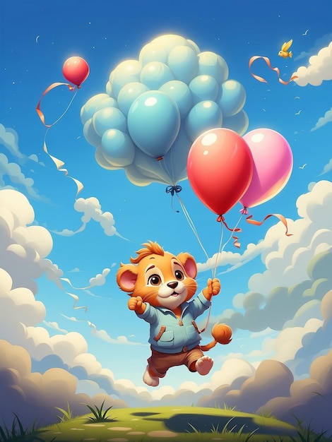 Baby lion with balloons flying in blue sky