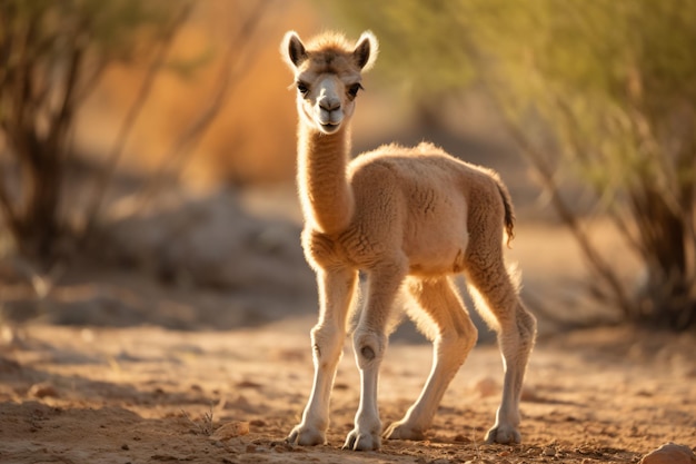 a baby llama standing in the dirt