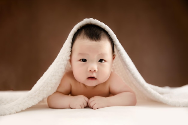 Baby lying under bath towel looking forward