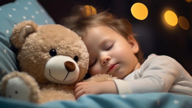 a baby lying in bed cuddling a teddy bear while sleeping