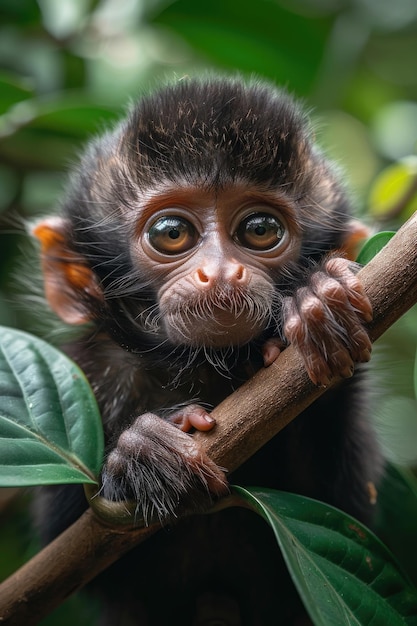 A baby monkey holding onto a branch looking curious