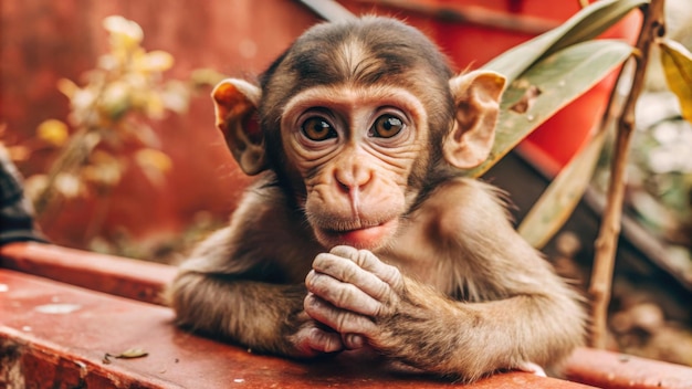 a baby monkey sits on a ledge with his hands clasped