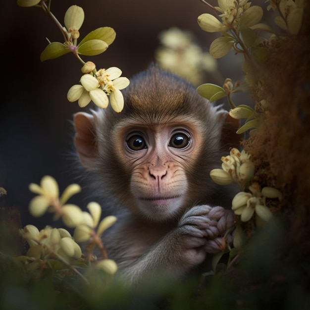 A baby monkey sits in a tree with yellow flowers.