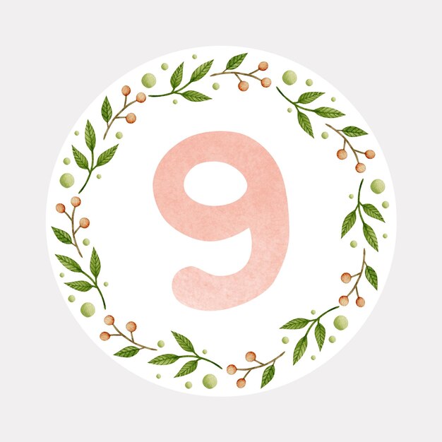 Baby monthly milestone pink number 9 watercolor illustration