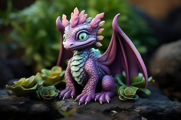 Baby Nature Dragon with Leaves in Purple Pink and Green Generative AI