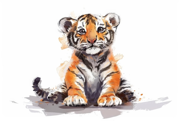 A baby Northeast Tiger in a cartoon and Chinese ink painting style sits happily on the ground with a raised posture and a broad smile