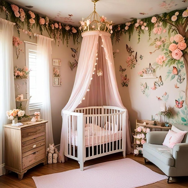 a baby nursery with a baby and a crib in the corner