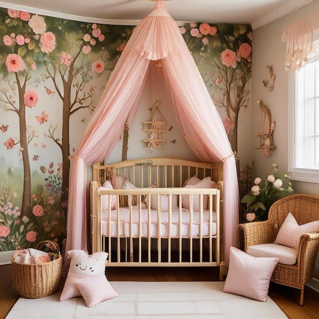 a baby nursery with a pink canopy and a pink pillow