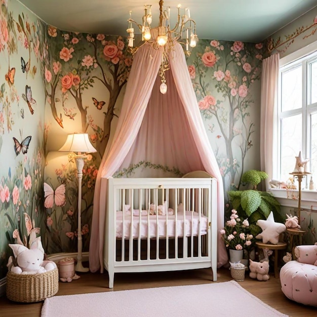 a baby nursery with a pink curtain that says butterfly