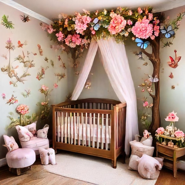 a baby nursery with a pink and white theme and a crib with butterflies on the wall