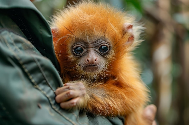 Baby orangutan clinging to a person in a green jacket