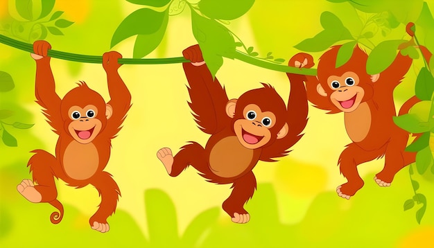 Photo baby orangutans swinging from a vine abstract