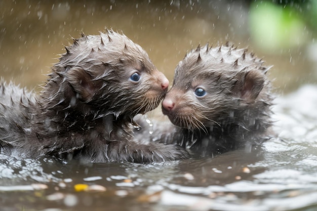 Baby otters playing and wrestling in the water their wet fur glistening created with generative ai