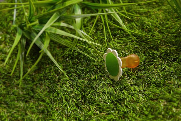 Baby pacifier on the green lawn