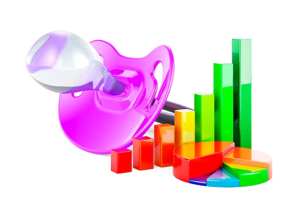 Baby Pacifier with growth bar graph and pie chart 3D rendering