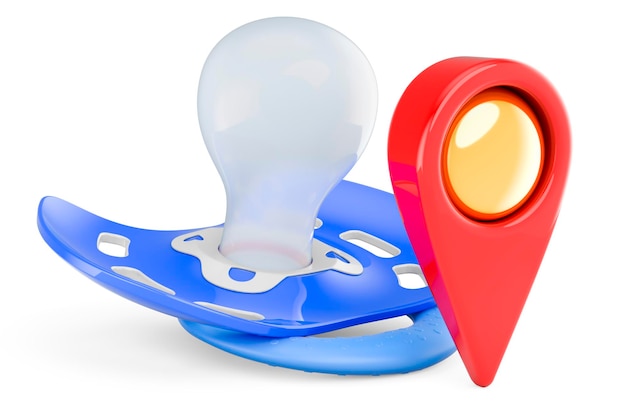 Baby pacifier with map pointer 3D rendering