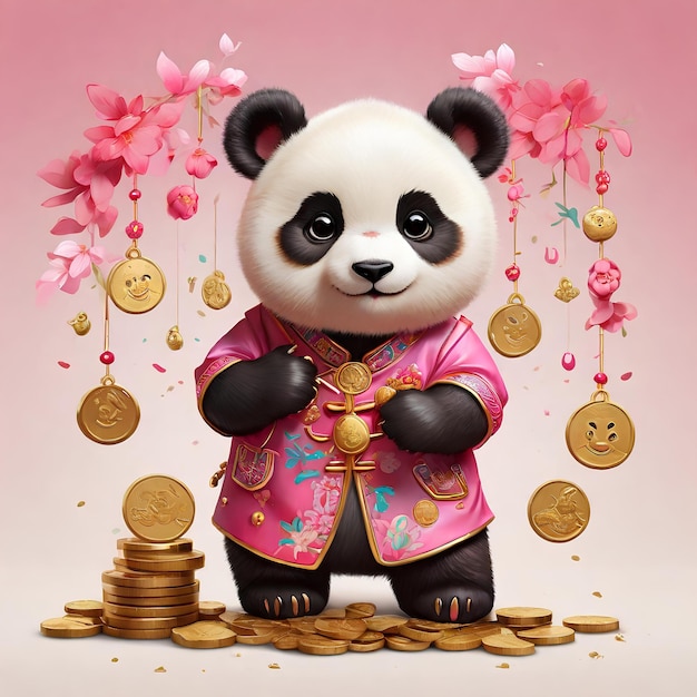 baby panda dressed in a pink Chinese cheongsam