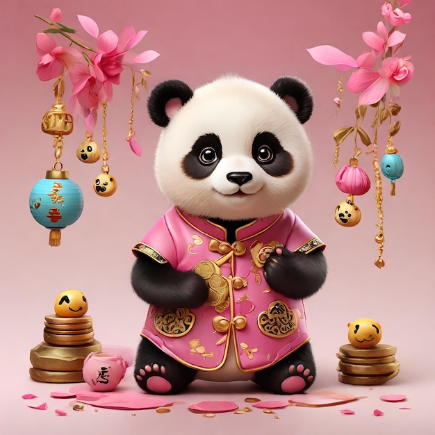 baby panda dressed in a pink Chinese cheongsam