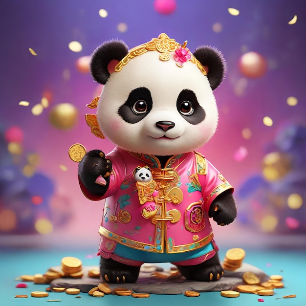 baby panda dressed in a pink Chinese cheongsam