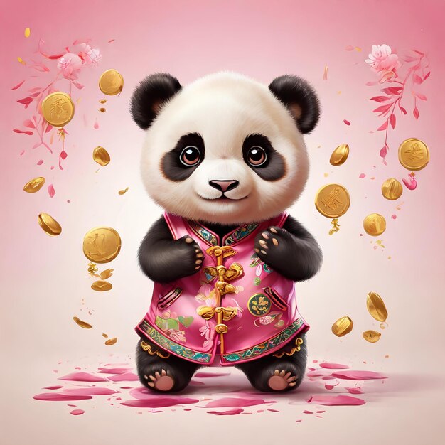 baby panda dressed in a pink Chinese cheongsam