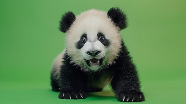 A baby panda looking surprised on a green screen