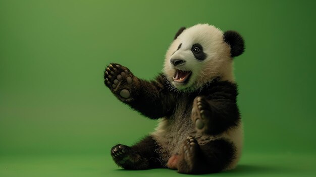 A baby panda sits up with its paws raised and mouth open on a green screen