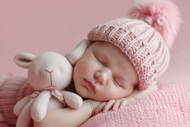 a baby peacefully sleeps on their side wearing a pink hat adorned with a pompom and cuddling a pink knitted bunny toy The baby39s closed eyes and serene expression reflect a sense of calm and comfort