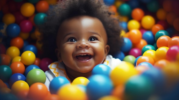 A baby playing in a ball pit