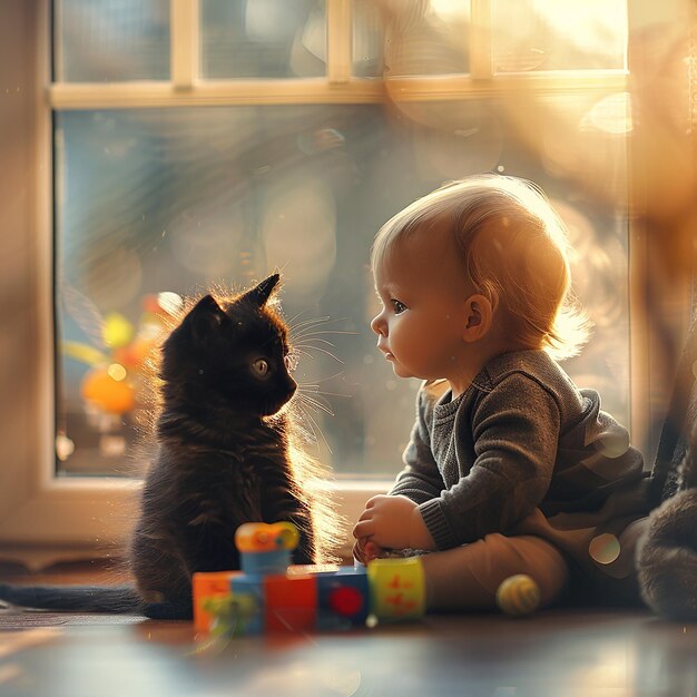 Photo baby playing with cat and toy