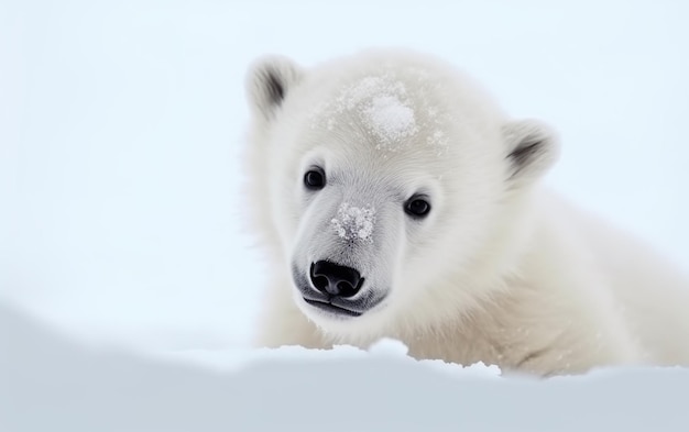 A baby polar bear cub with snow on his face.