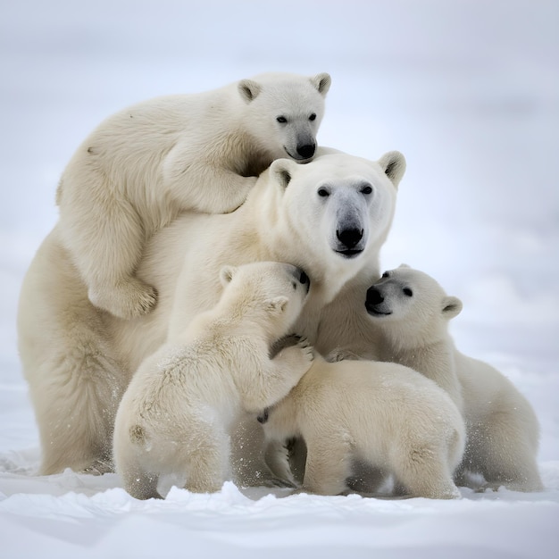 A baby Polar bear with its head up on a big bear