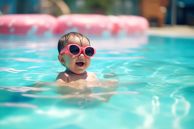 A baby in a pool wearing sunglasses and a pink bow.