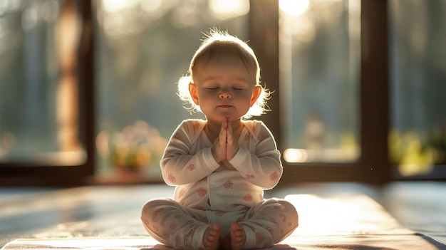 Baby Practicing Yoga With Eyes Closed During Golden Hour Sunlight