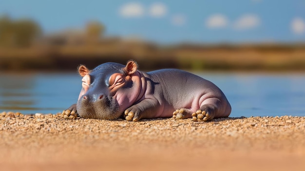 Photo baby pygmy hippopotamus sleeping peacefully on a riverbank photorealistic details of its soft skin