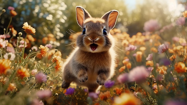 A baby rabbit bouncing through a field of flowers AI generated