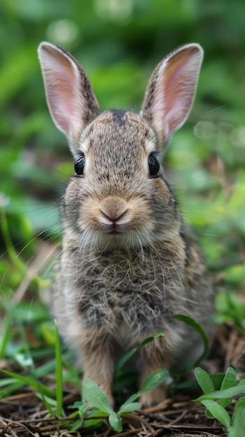 Photo a baby rabbit stands in the grass looking directly at the camera