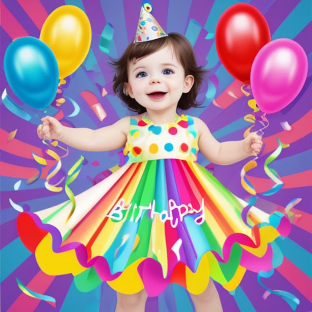 a baby in a rainbow dress with balloons and the words happy birthday on it