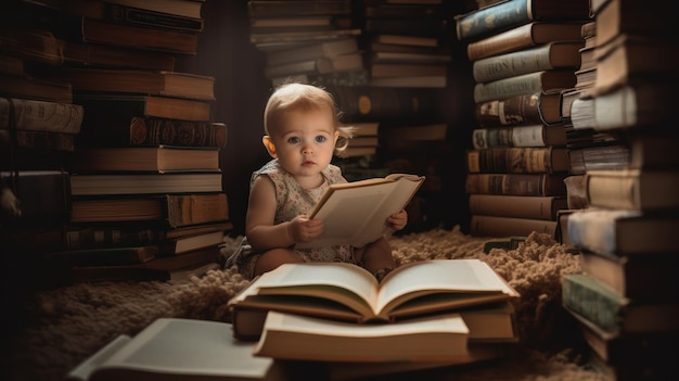 A baby reading a book in a dark room with many books.