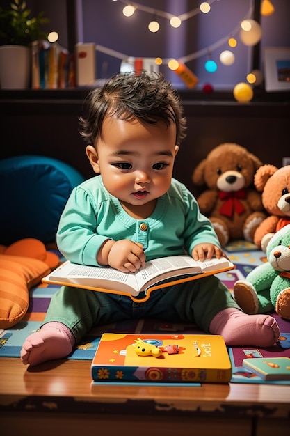 a baby reading book on table ai image