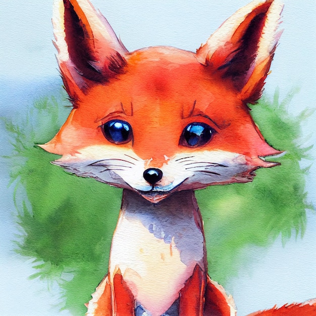 Baby red fox cub watercolor drawing illustration