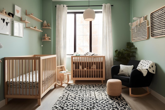 A baby room with a black chair and a black chair.