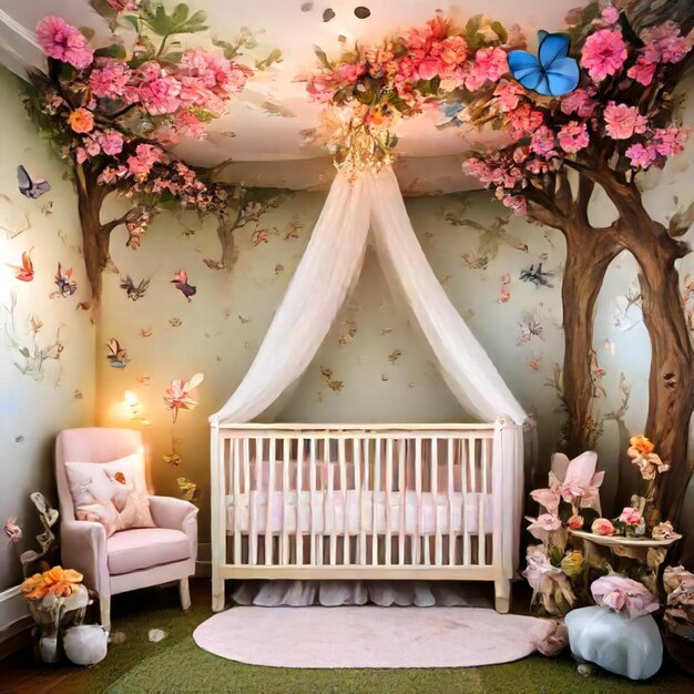 Photo a baby room with a crib and a baby in the corner