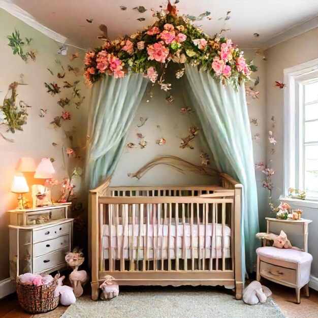 a baby room with a crib and a crib with flowers on the wall